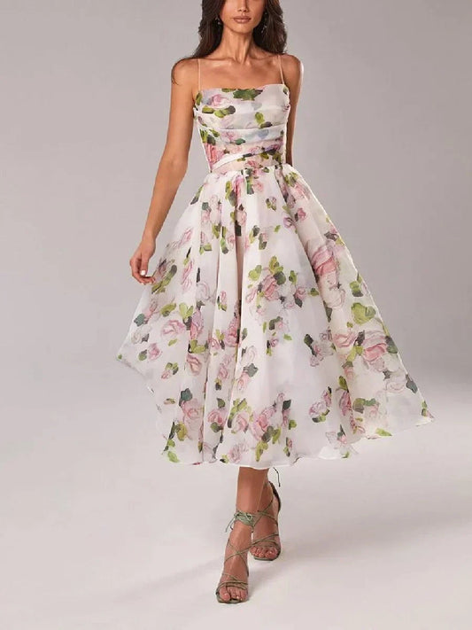 Women's Floral Print Strapless Midi Dress with Full Skirt