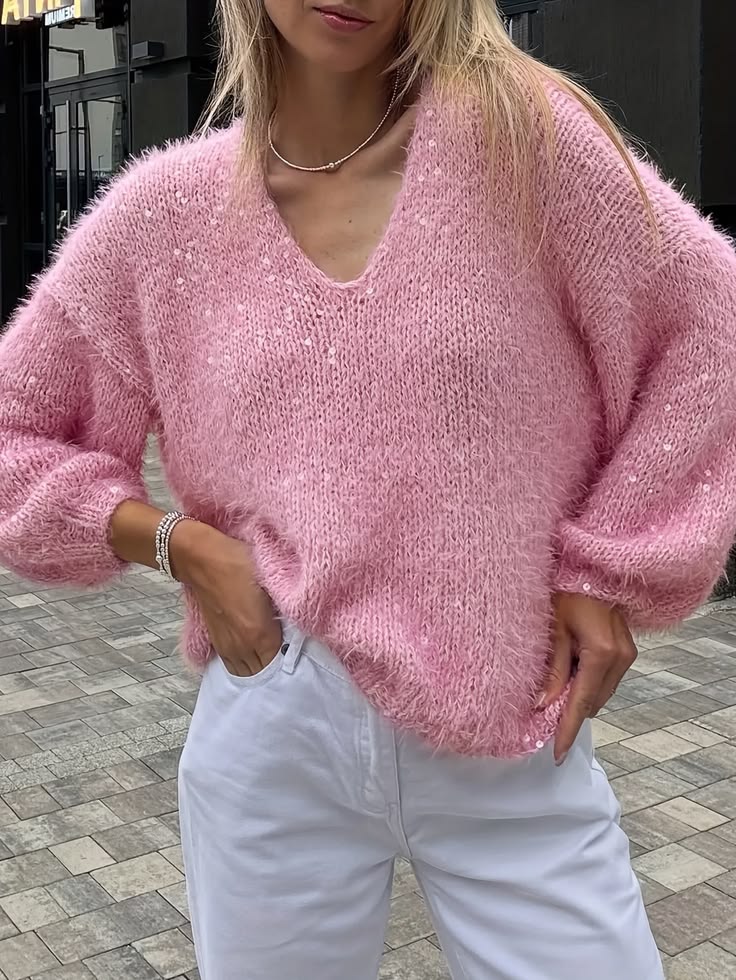 Io Dress 2026 Women's Summer New Fashion Daily Casual Solid Color Loose Shiny Sparkling Furry Long Sleeve V Neck Sweater