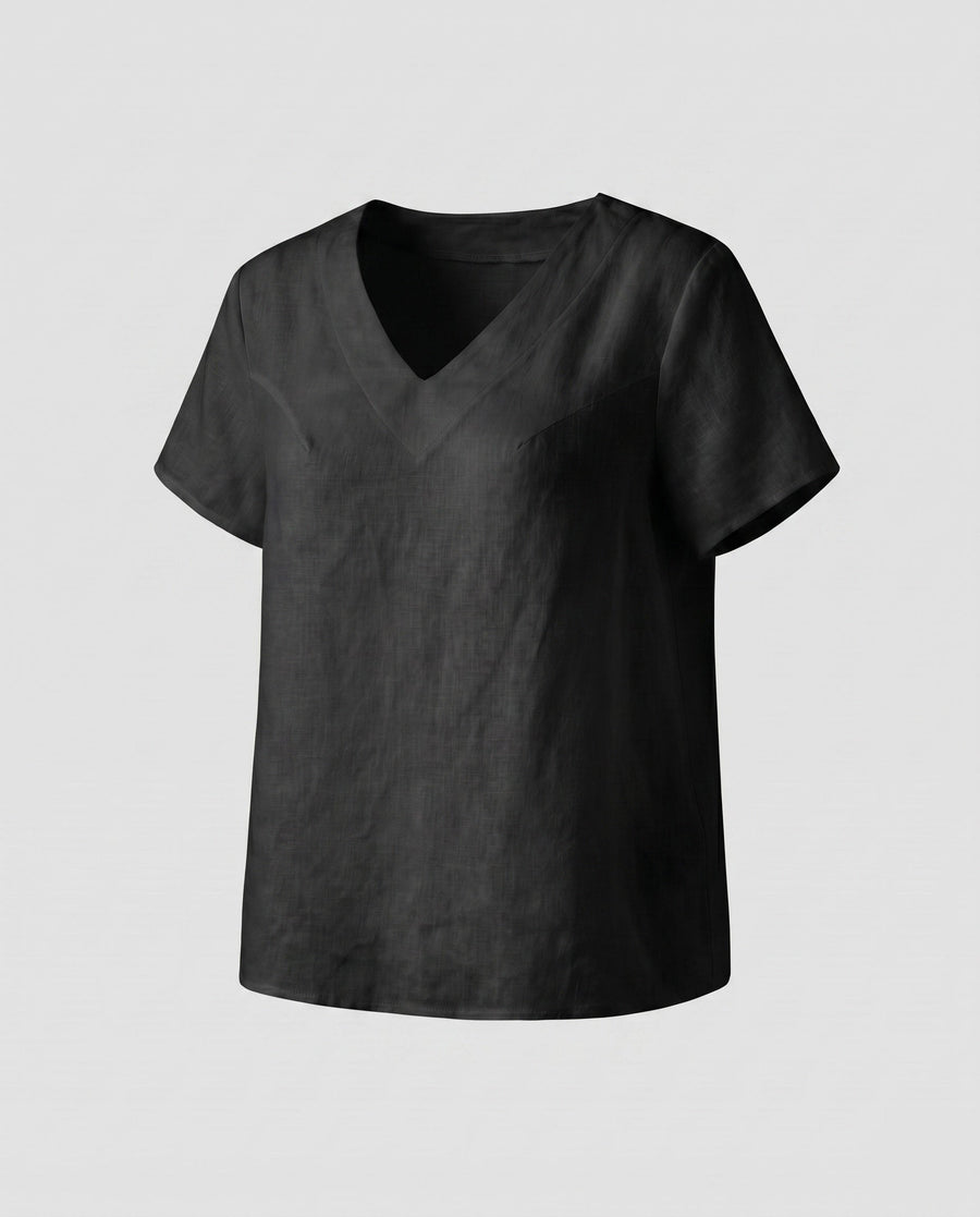 Eden Airy Linen Top with V-Neck in Black