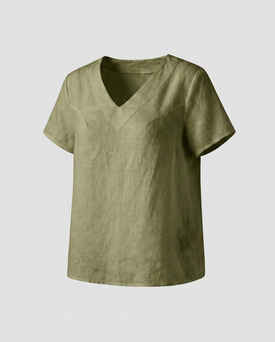 Eden Airy Linen Top with V-Neck in Green