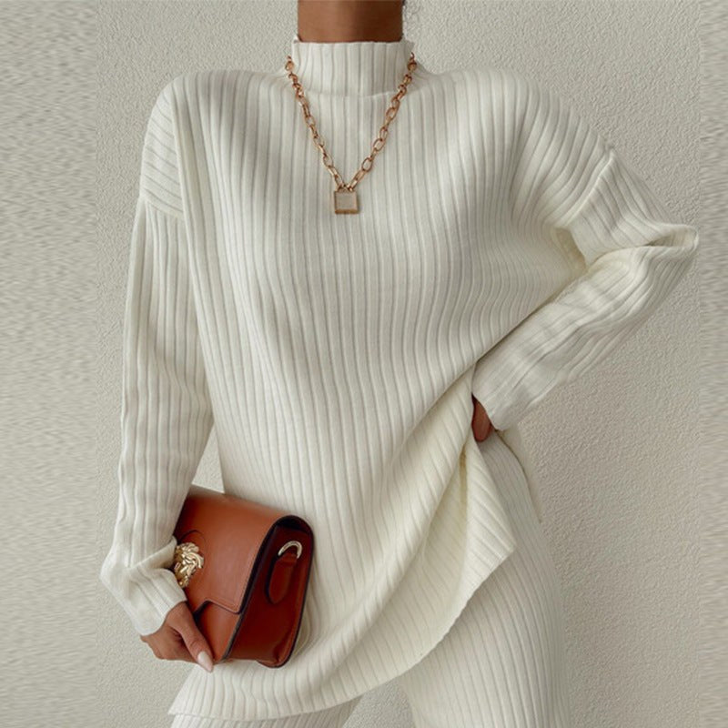 Eden Knit Sweater with Stand Collar and Long Sleeve in White