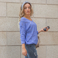 Edie Airy Knit Sweater with V-Neck in Blue