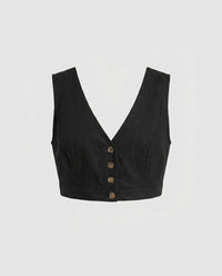 Edie Linen Top with V-Neck in Black