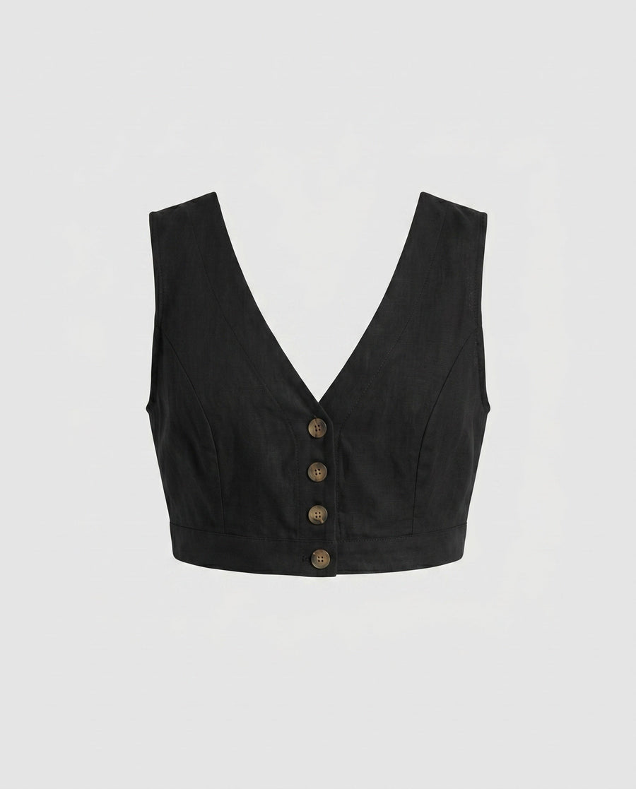 Edie Linen Top with V-Neck in Black
