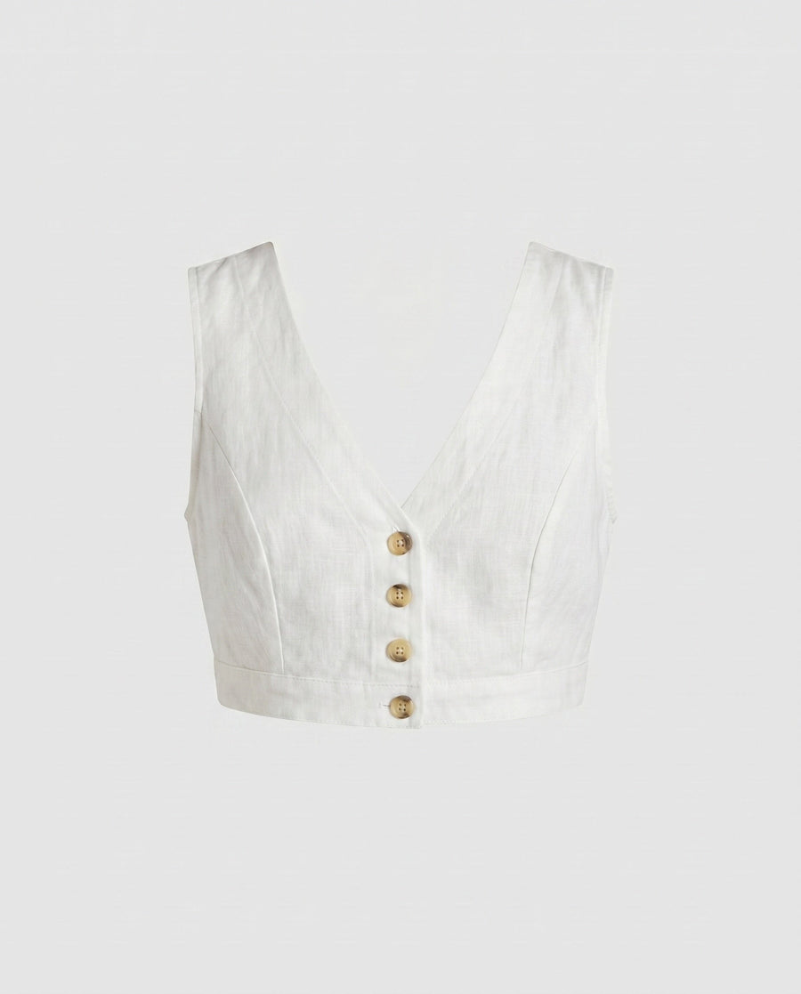 Edie Linen Top with V-Neck in White