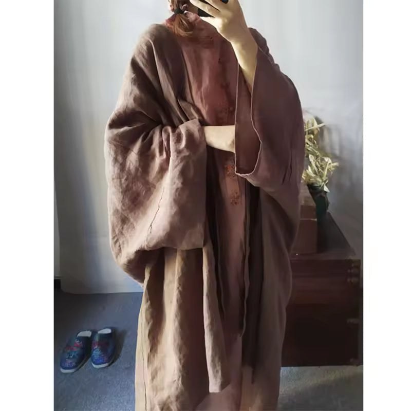 Edie Relaxed Linen Coat with V-Neck in Brown