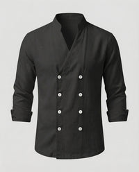 Edmund Casual Linen Shirt with Stand Collar in Black