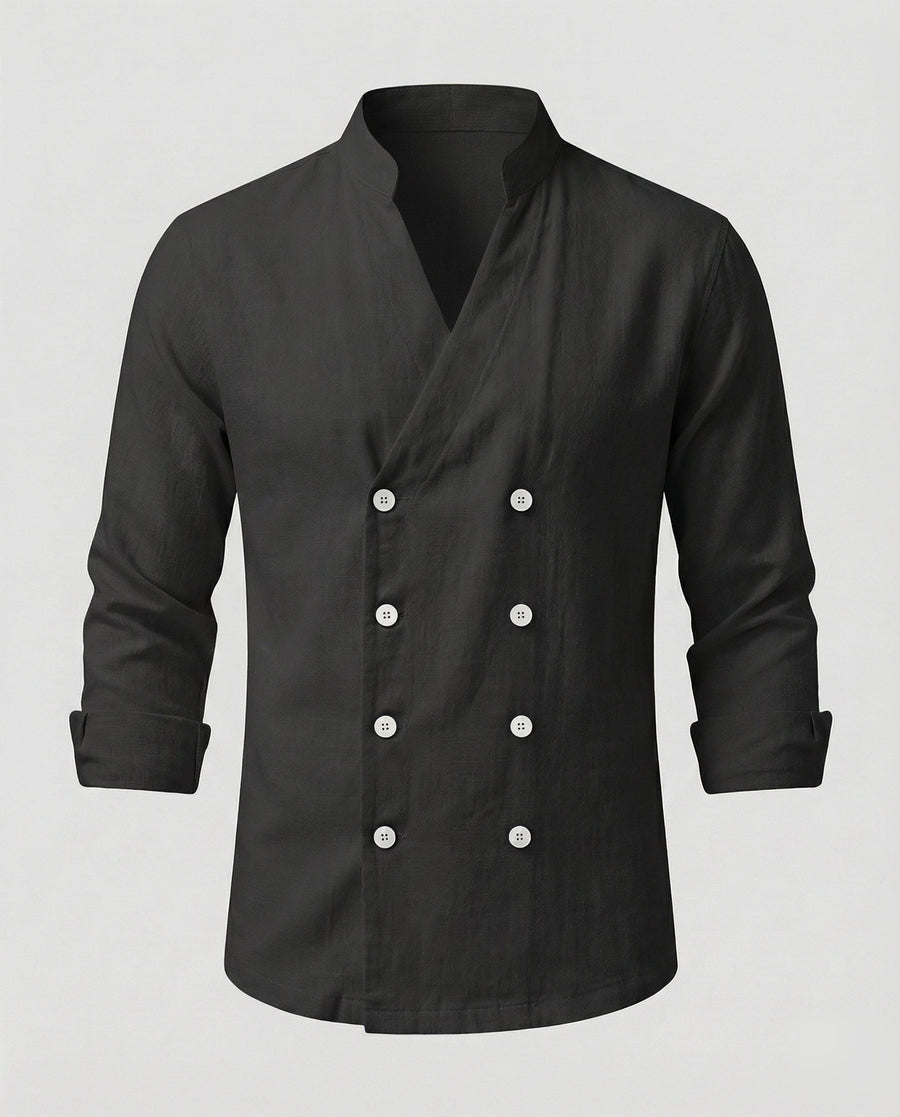 Edmund Casual Linen Shirt with Stand Collar in Black