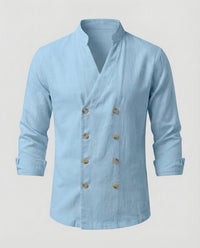 Edmund Casual Linen Shirt with Stand Collar in Blue