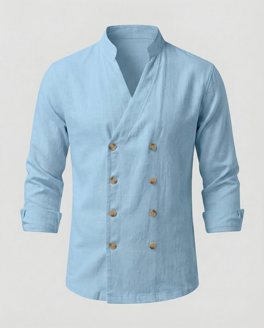 Edmund Casual Linen Shirt with Stand Collar in Blue