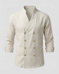 Edmund Casual Linen Shirt with Stand Collar in White