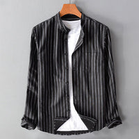Eduard Casual Linen Shirt with Stand Collar and Chest Pocket in Black