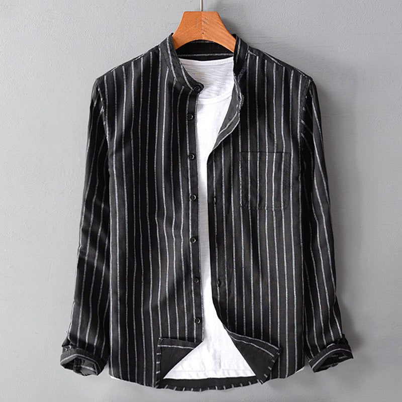 Eduard Casual Linen Shirt with Stand Collar and Chest Pocket in Black