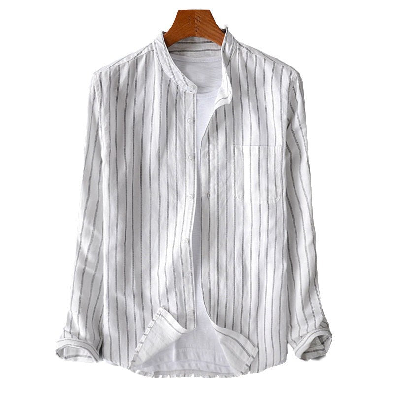 Eduard Casual Linen Shirt with Stand Collar and Chest Pocket in Grey