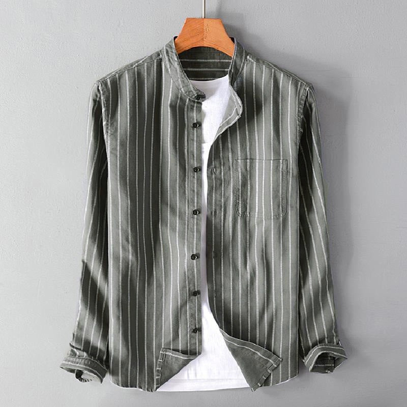 Eduard Casual Linen Shirt with Stand Collar and Chest Pocket in Grey