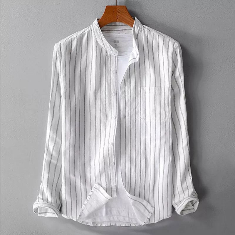Eduard Casual Linen Shirt with Stand Collar and Chest Pocket in White