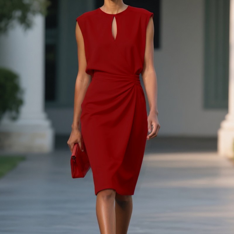 Edwina Women's Sleeveless Ruched Midi Dress in Red