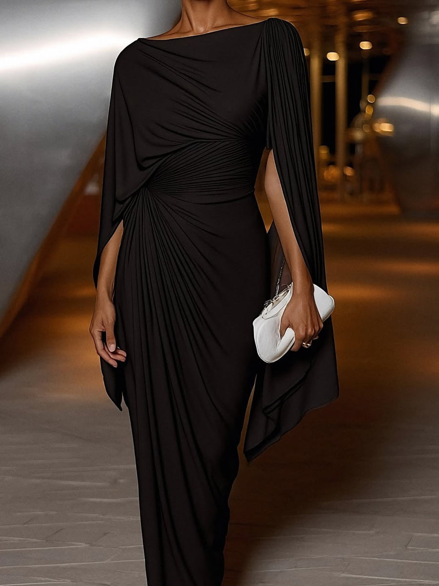 Edwynn Women's Formal Dress Cape Sleeve Maxi Gown in Black