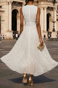 Polka Dot Print Round Neck Sleeveless Pleated Waist Casual Maxi Dress