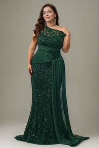Curveins Plus Size One Shoulder Sleeveless Embroidered Sequin Patchwork Bodycon Maxi Dress