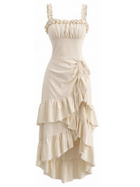Beige 1980s Solid Ruffled Hem Suspender Dress