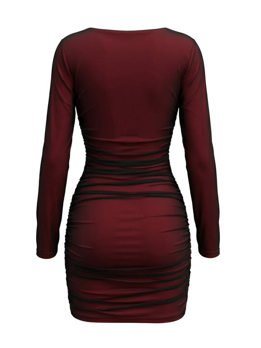 Wine Red 1960s Ruched Mesh Bodycon Dress - Wine Red