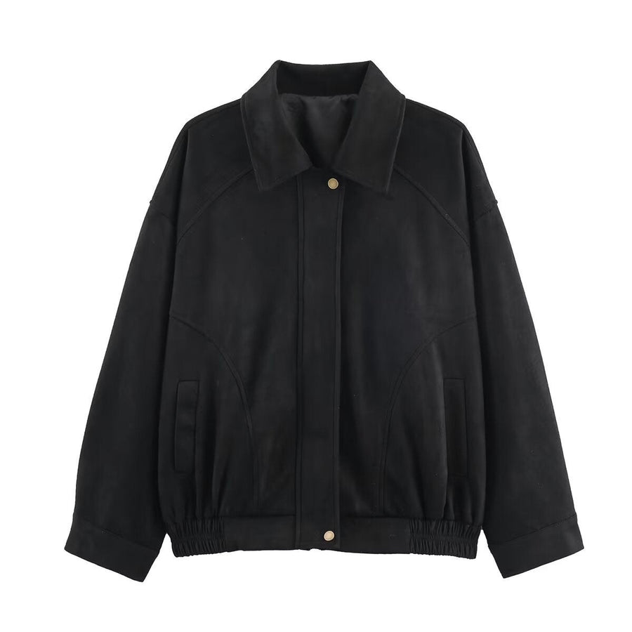 Effie Casual Leather Jacket with Elastic Waist and Pockets in Black