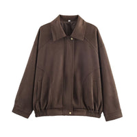 Effie Casual Leather Jacket with Elastic Waist and Pockets in Brown