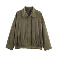 Effie Casual Leather Jacket with Elastic Waist and Pockets in Olive Green