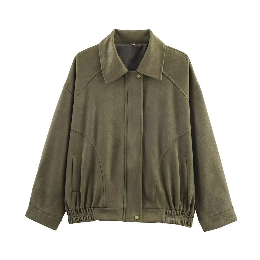 Effie Casual Leather Jacket with Elastic Waist and Pockets in Olive Green