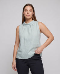 Effie Elegant Linen Top with Stand Collar and Sleeveless