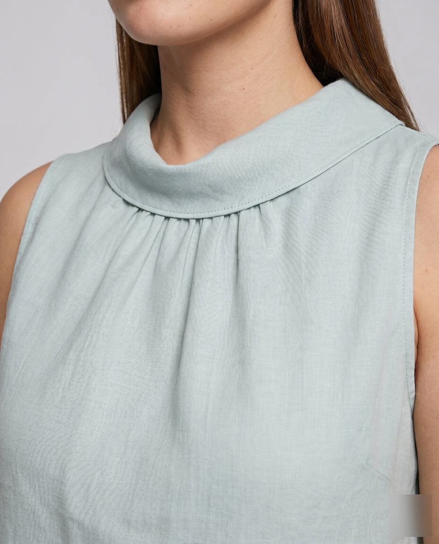 Effie Elegant Linen Top with Stand Collar and Sleeveless