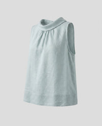 Effie Elegant Linen Top with Stand Collar and Sleeveless in Grey Blue