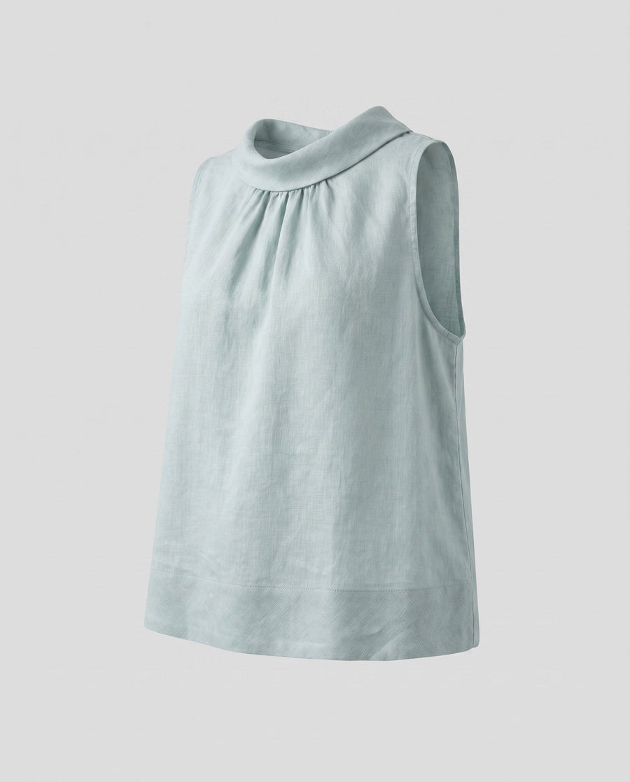 Effie Elegant Linen Top with Stand Collar and Sleeveless in Grey Blue