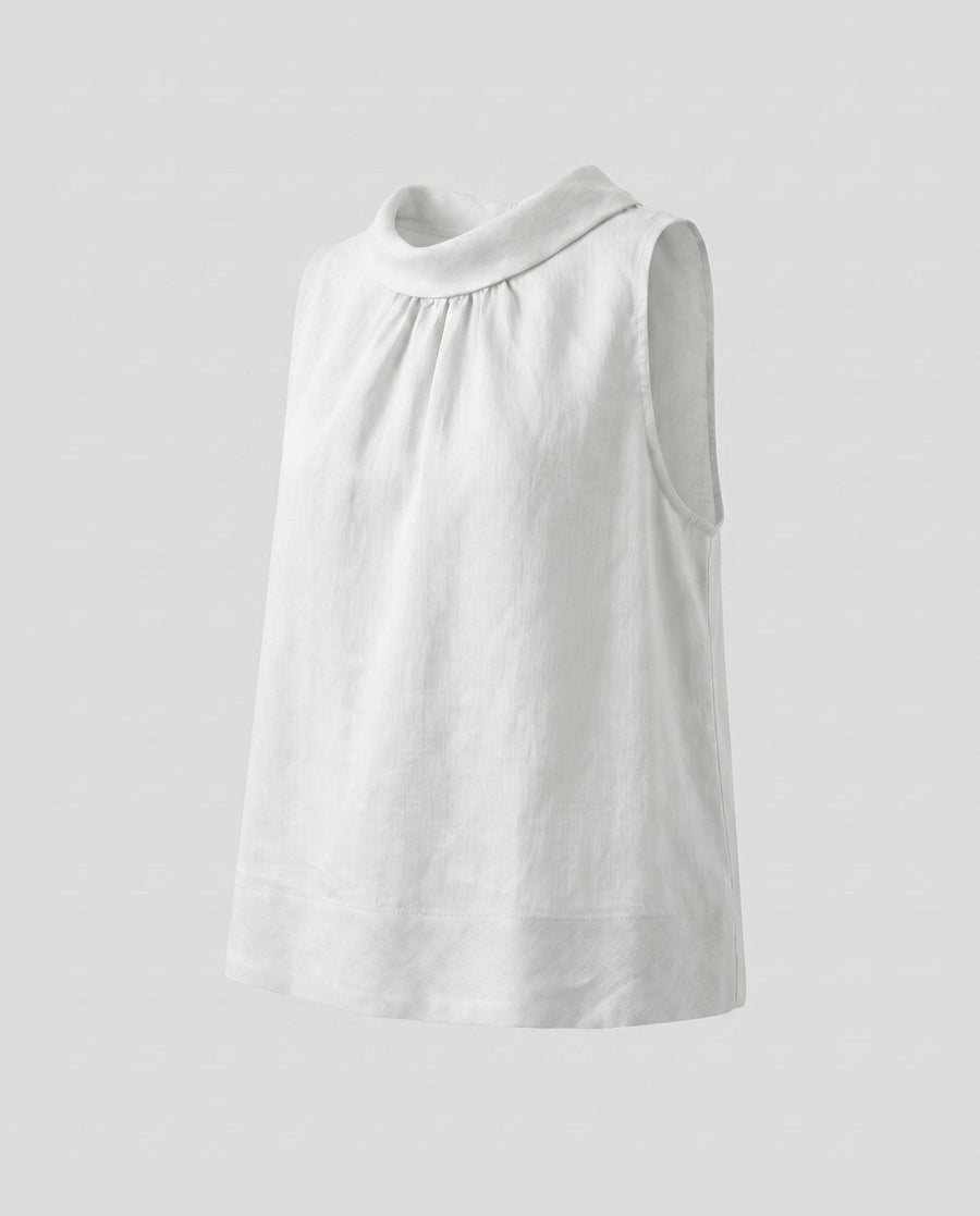 Effie Elegant Linen Top with Stand Collar and Sleeveless in Ivory