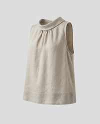 Effie Elegant Linen Top with Stand Collar and Sleeveless in Linen