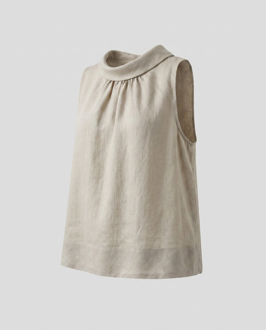 Effie Elegant Linen Top with Stand Collar and Sleeveless in Linen