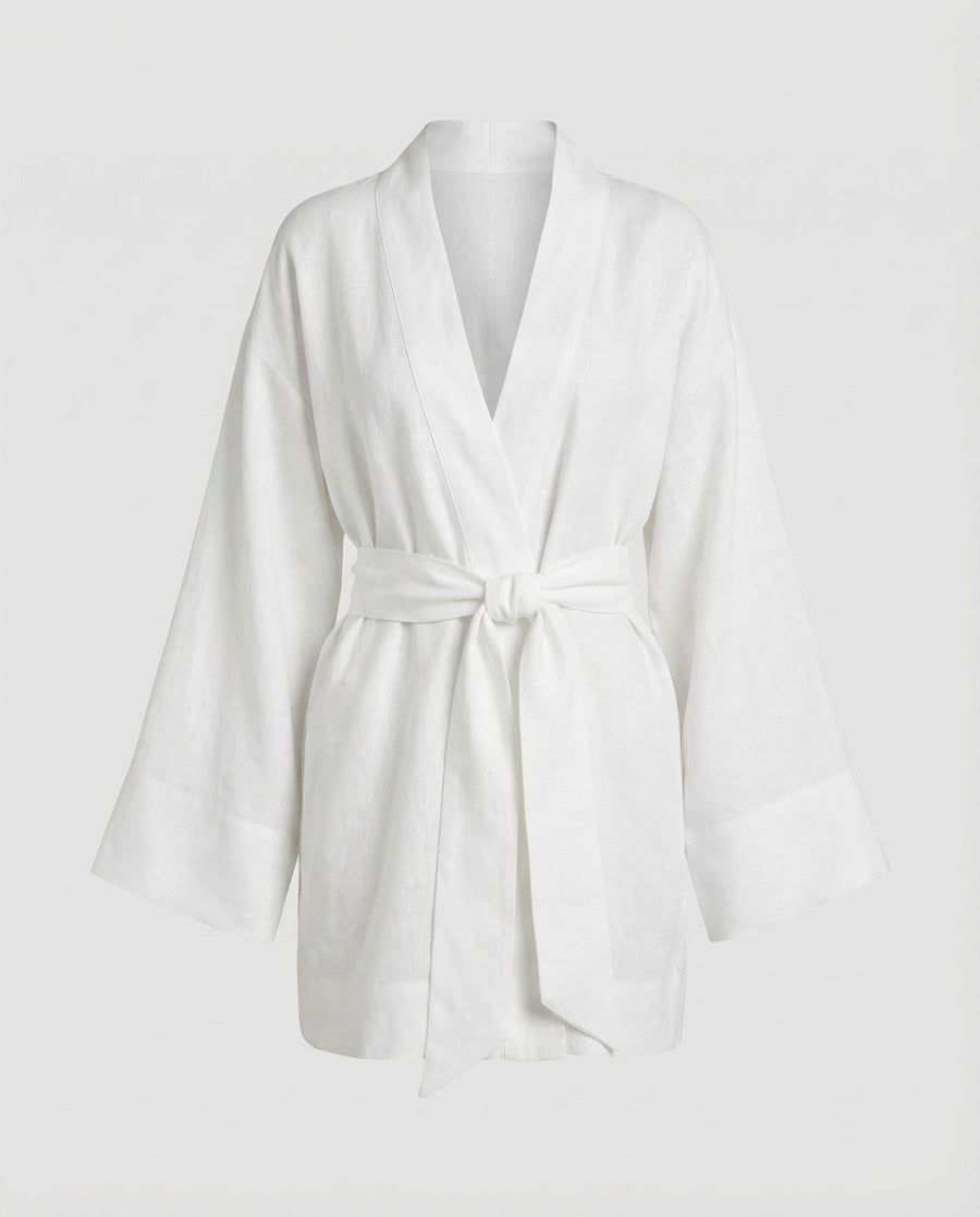 Elara Linen Blend Dress with Belted in White