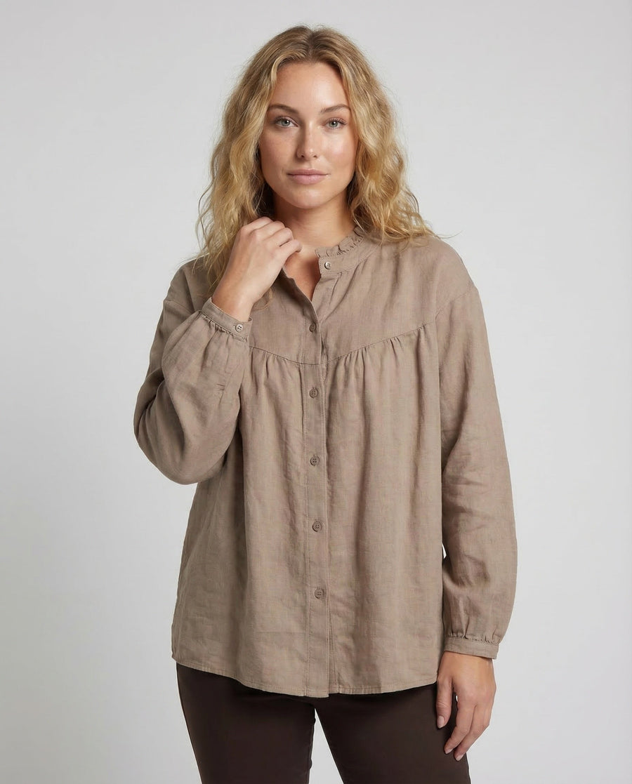 Elara Vintage Linen Blouse with Stand Collar