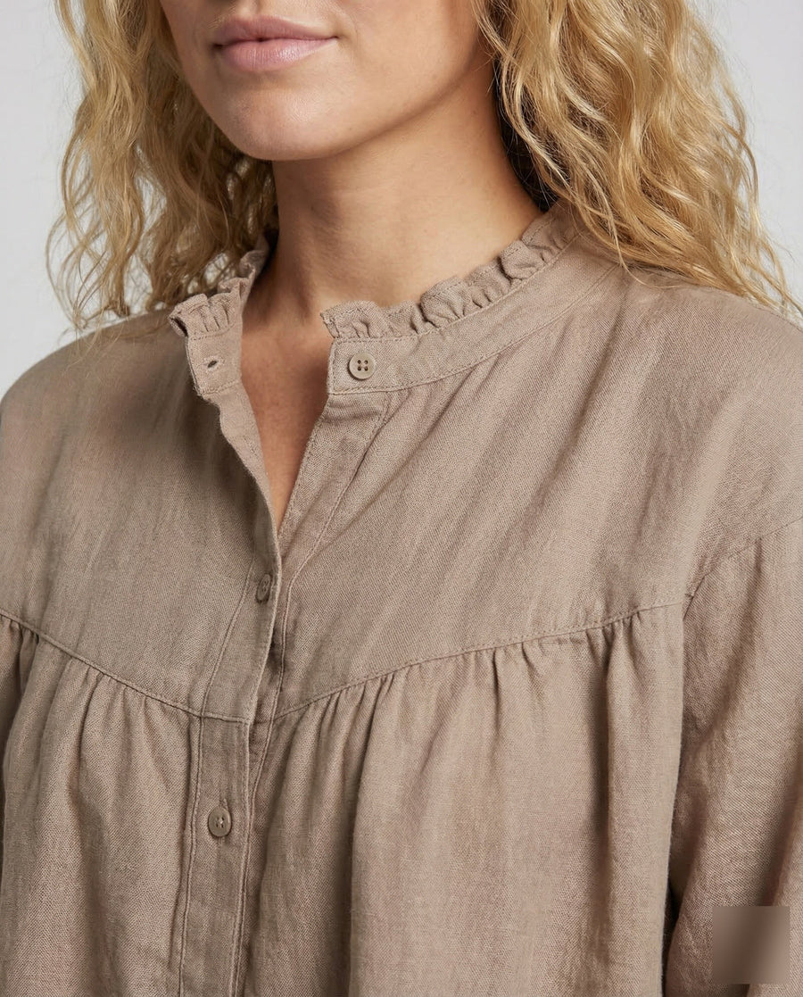 Elara Vintage Linen Blouse with Stand Collar