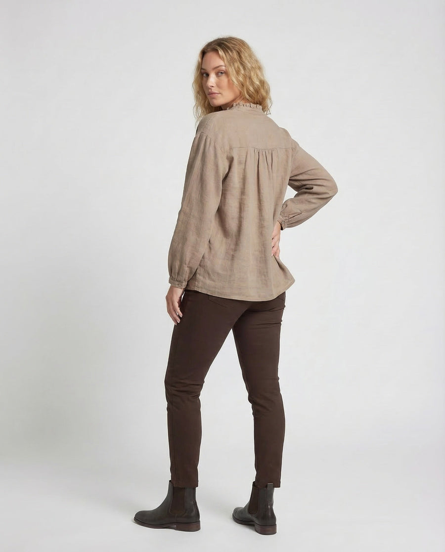 Elara Vintage Linen Blouse with Stand Collar