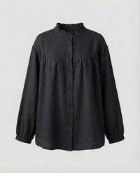 Elara Vintage Linen Blouse with Stand Collar in Black