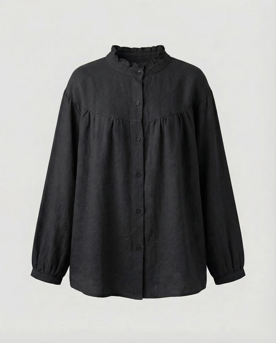 Elara Vintage Linen Blouse with Stand Collar in Black