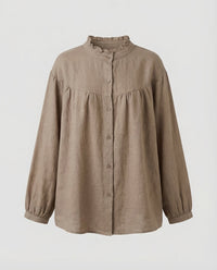Elara Vintage Linen Blouse with Stand Collar in Khaki