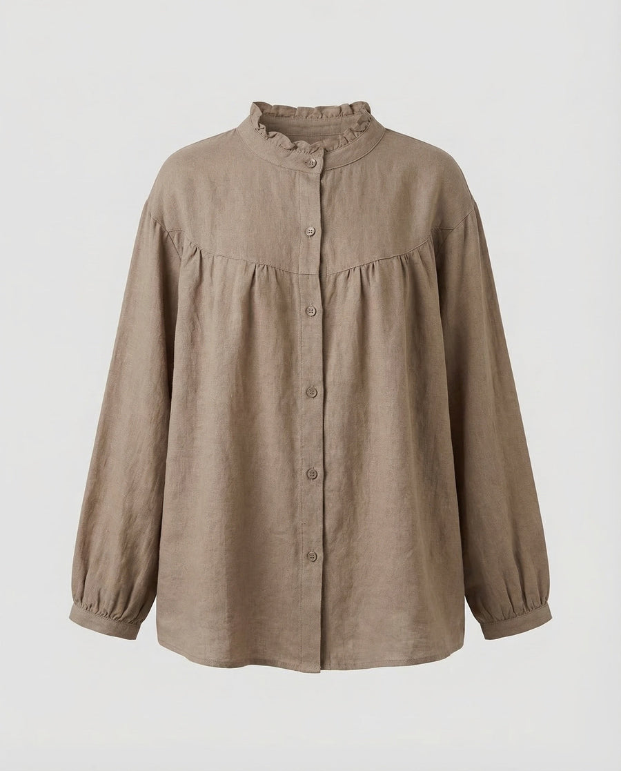 Elara Vintage Linen Blouse with Stand Collar in Khaki
