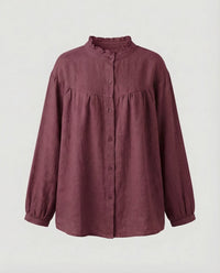 Elara Vintage Linen Blouse with Stand Collar in Magenta