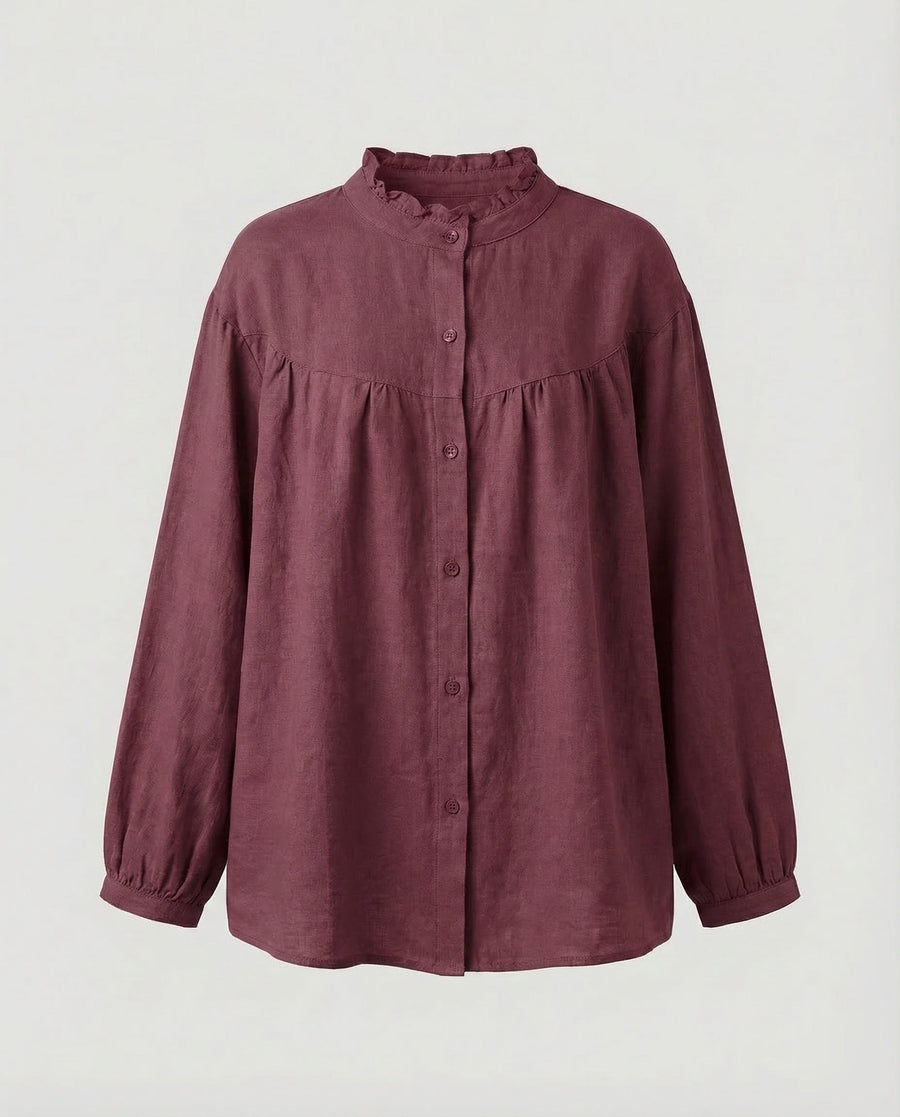 Elara Vintage Linen Blouse with Stand Collar in Magenta