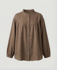 Elara Vintage Linen Blouse with Stand Collar in White