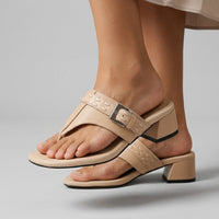 Elena Buckle Strap Leather Sandal in Beige