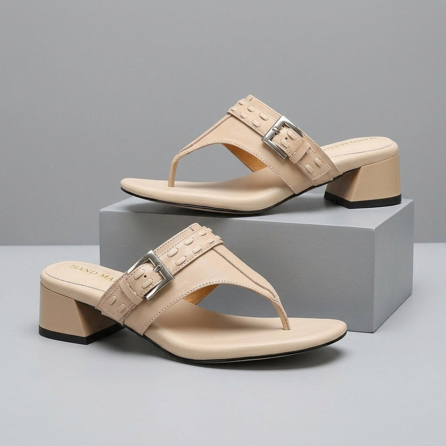 Elena Buckle Strap Leather Sandal in Beige